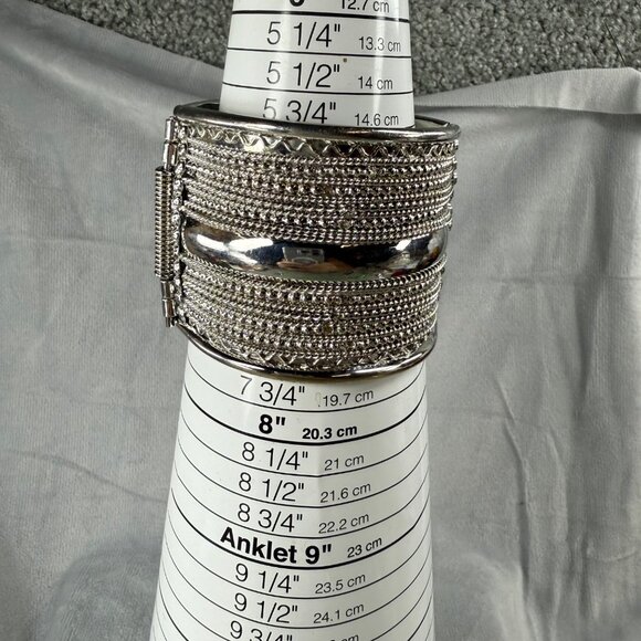 Wide Silver-Tone Hinged Cuff Bracelet Textured Chain Detail Women Boho Gypsy - Picture 7 of 16
